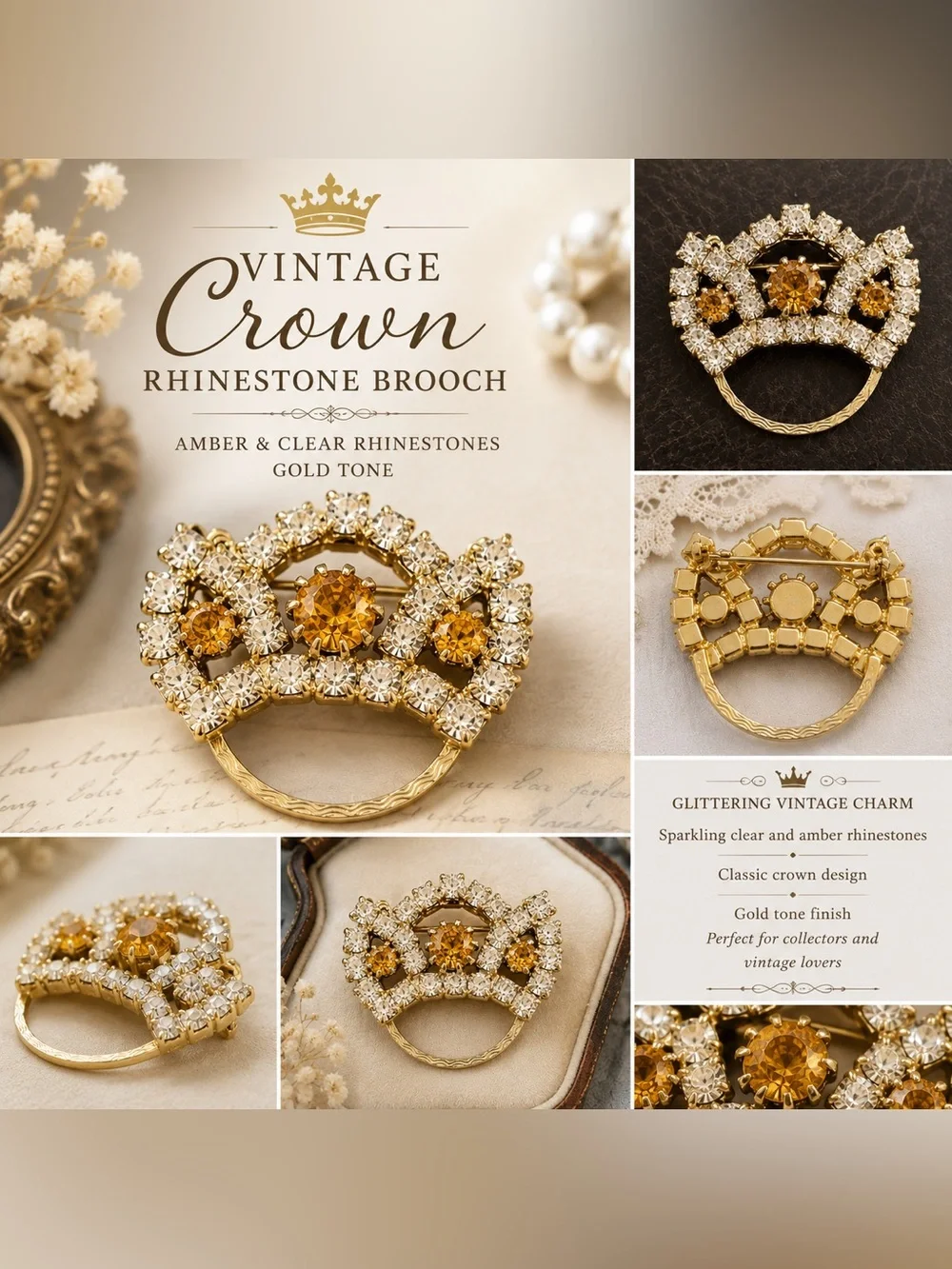Vintage Crown Rhinestone Brooch - Gold Tone with Amber & Clear Stones